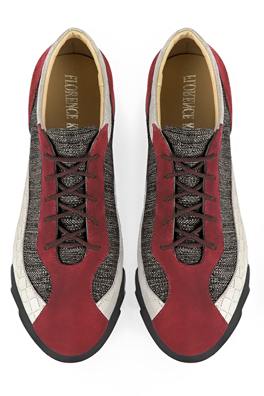 Burgundy red, matt black and off white women's three-tone elegant sneakers. Round toe. Low rubber soles. Top view - Florence KOOIJMAN
